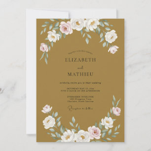 Gold-Elfenbein-Pfingstrosen-Hochzeit Einladung