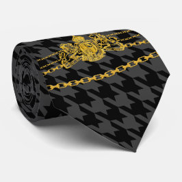 Gold Emblem Chain Trim Black Gray Hahnentrittmuste Krawatte