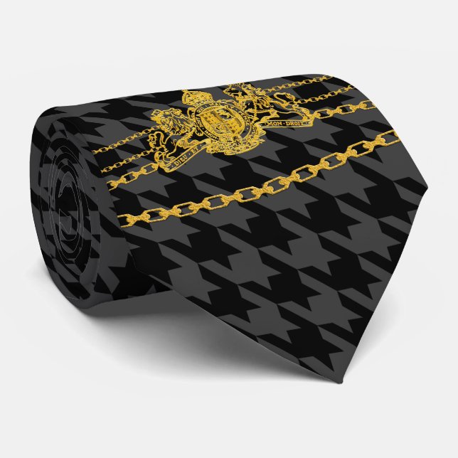 Gold Emblem Chain Trim Black Gray Hahnentrittmuste Krawatte (Gerollt)