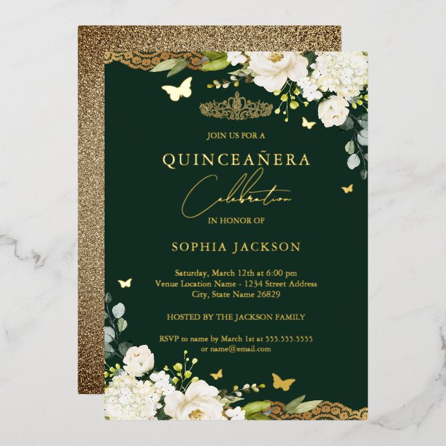 Gold Emerald Floral Lace Quinceanera Birthday Folieneinladung (Vorderseite/Rückseite)