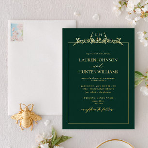 Gold Emerald Green Floral Border Monogram Wedding Folieneinladung