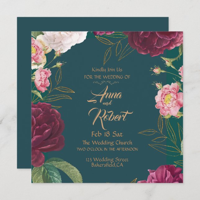 Gold & Emerald Green Floral Save The Date (Vorne/Hinten)