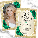 Gold Emerald Green Foto 50. Geburtstag Einladung<br><div class="desc">Elegante florale feminine 50. Geburtstagseinladung mit Ihrem Foto auf der Kartenrückseite. Glam-Design mit Imitaten Glitzer Gold. Verfügt über goldene Streifen, smaragdgrüne Rose, Skript-Schriftart und Konfetti. Ideal für ein stilvolles Party für Erwachsene. Personalisieren Sie Ihre persönlichen Daten. Kann für jedes Alter angepasst werden! Gedruckte Zazzle Einladungen oder Sofortdownload digitalen druckbaren Vorlage....</div>