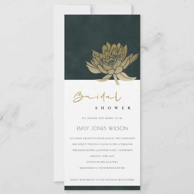 GOLD EMERALD GREEN LOTUS FLORAL BRAUTPARTY EINLADUNG (Vorderseite)