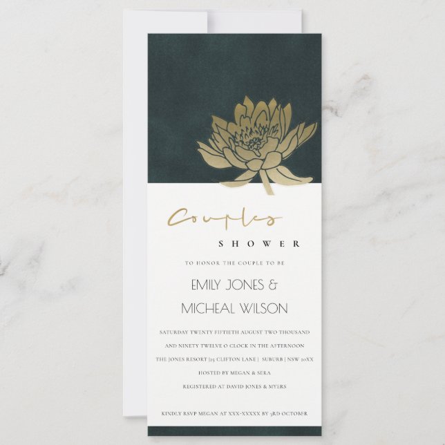 GOLD EMERALD GREEN LOTUS FLORAL COUPLES DUSCHE EINLADUNG (Vorderseite)