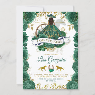 Gold Emerald Green Rose Western Quinceañera Einladung