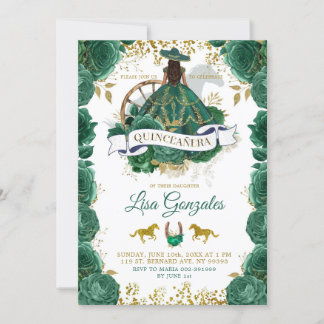 Gold Emerald Green Rose Western Quinceañera Einladung