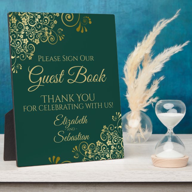 Gold & Emerald Green Sign Unser Gästebuch Hochzeit Fotoplatte (Seite)