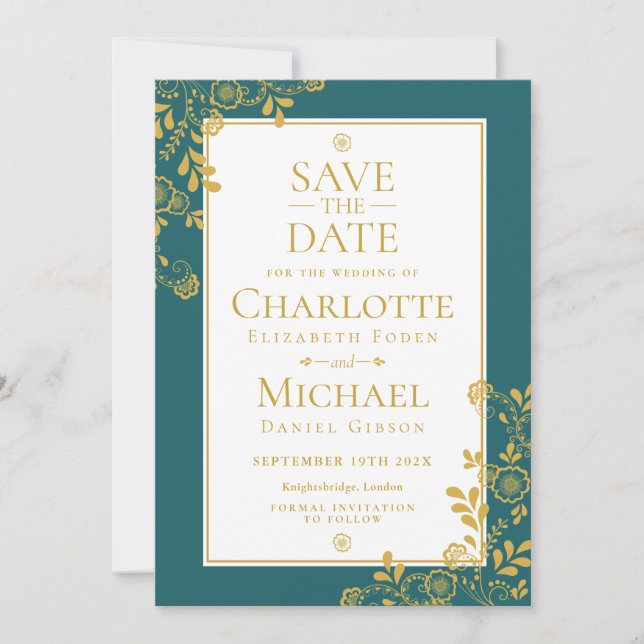 Gold Emerald Viktorianisch Floral Lace Save the Da Date (Vorderseite)
