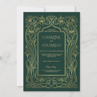 Gold Emerald Wedding Invitation Art Nouveau Frame Einladung