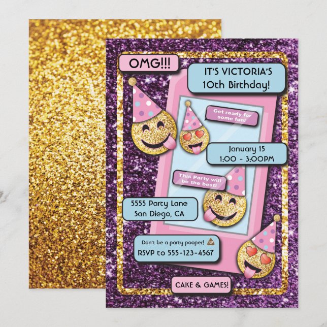 Gold Emoji Birthday Party Handy Einladung (Vorne/Hinten)