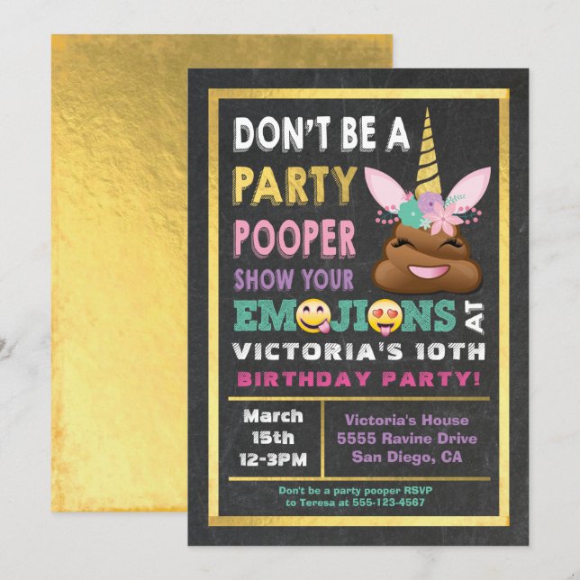 Gold Emoji Party Pooper Unicorn Birthay Invitation (Devant / Derrière)