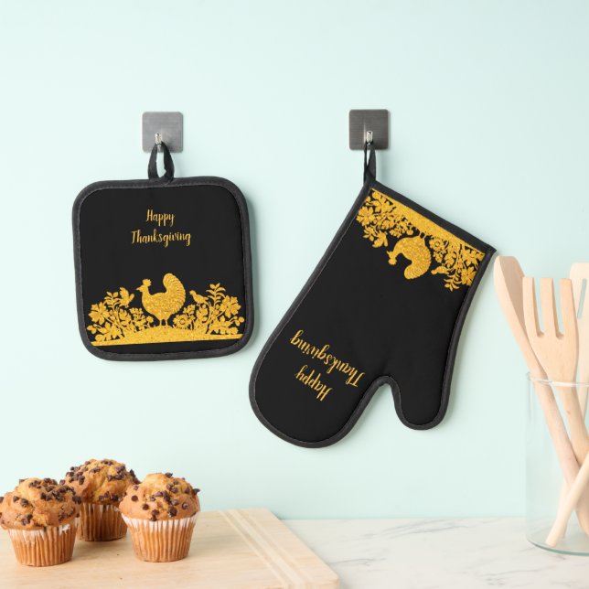 Gold Erntedank Turkey Floral Ofenhandschuh & Topflappen-Set (Insitu (Hängend))