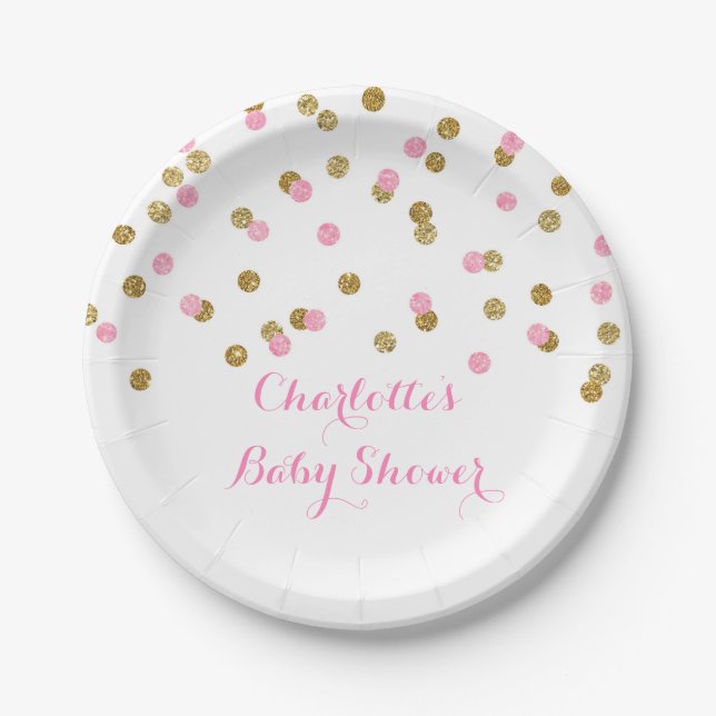 Gold erröten rosa Confetti-Babyparty-Platte Pappteller (Vorderseite)