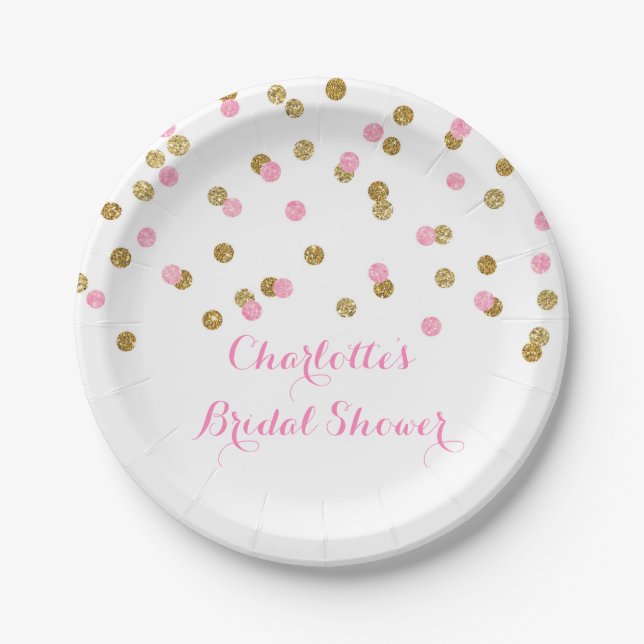 Gold erröten rosa Confetti-Brautparty-Platte Pappteller (Vorderseite)