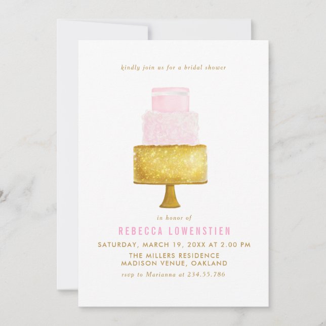 Gold erröten rosa Hochzeits-Kuchen-Brautparty Einladung (Vorderseite)