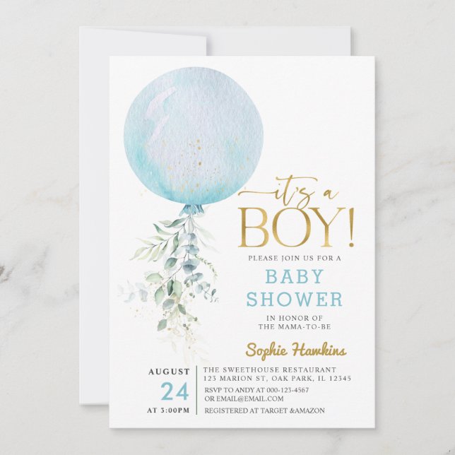 Gold Es ist eine junge Blue Balloon Baby Dusche Einladung (Vorderseite)