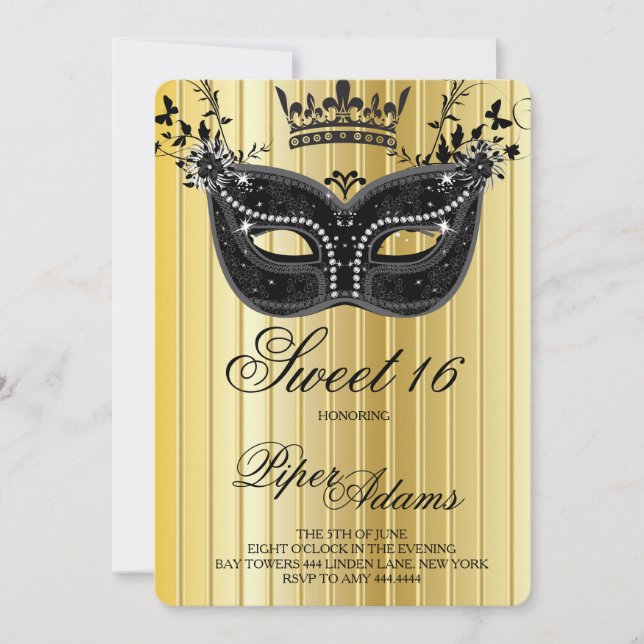 Gold et Black Sweet 16 Invitation Masquerade (Devant)