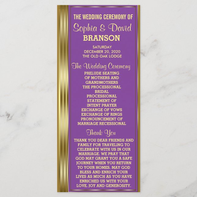 Gold et Royal Purple Mariage programme personnalis (Devant)