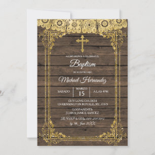 Gold et Rustique Brown espagnol Baptême Invitation