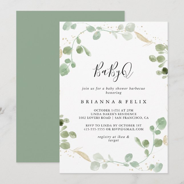 Gold Eucalyptus BabyQ Baby Shower Barbecue Einladung (Vorne/Hinten)