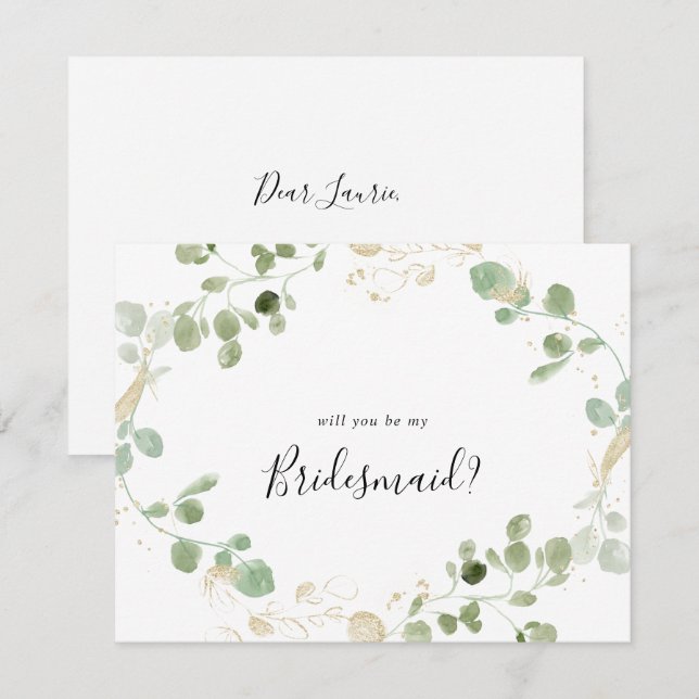 Gold Eucalyptus Bridesmaid Vorschlag Note Card Mitteilungskarte (Vorne/Hinten)