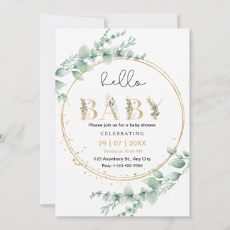 Gold Eucalyptus Hello Baby Invitation