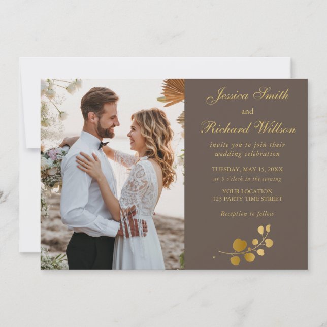 Gold Eucalyptus Wedding FOTO Einladung (Vorderseite)