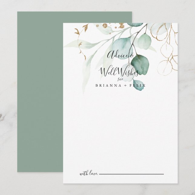 Gold Eukalyptus Calligraphy Wedding Well wünscht Hinweiskarte (Vorne/Hinten)