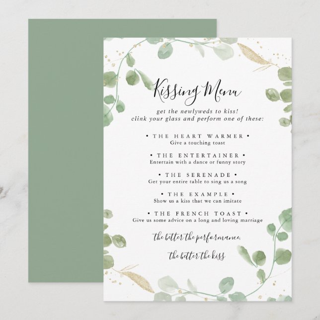 Gold Eukalyptus Wedding Kissing Menu Game Card (Vorne/Hinten)