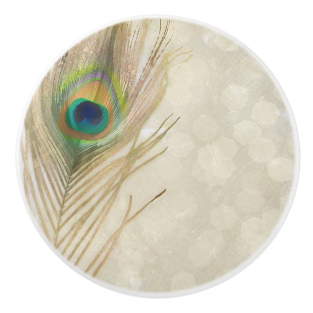 Gold Exotic Peacock Feather Glam Eleganter Chic Keramikknauf (Vorderseite)