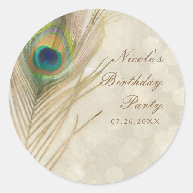 Gold Exotic Peacock Feather Glam Gastgeschenk Runder Aufkleber (Vorderseite)