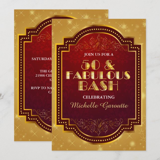 Gold Fabulous 50th Birthday Party Invitations (Devant / Derrière)
