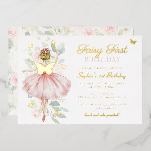 Gold Fairy Erster Geburtstagsschmetterling Folieneinladung