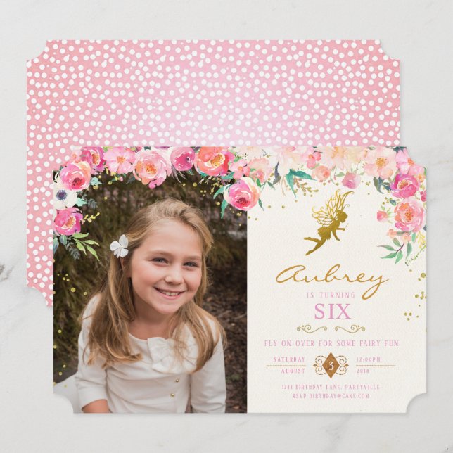 Gold Fairy Rose Floral Invitation Anniversaire (Devant / Derrière)