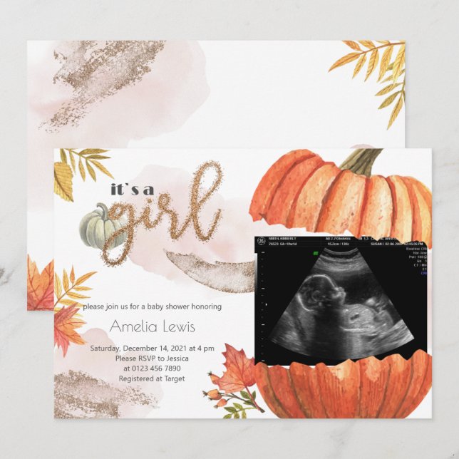 Gold Fall Pumpkin Es ist eine Girl Baby Dusche Einladung (Vorne/Hinten)