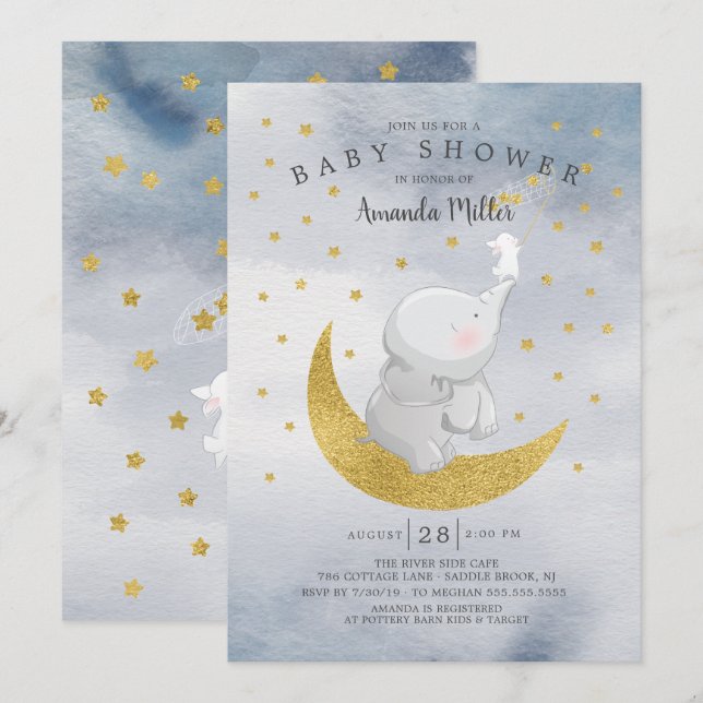 Gold Fang ein Star Bunny Elephant Baby Boy Dusche Einladung (Vorne/Hinten)