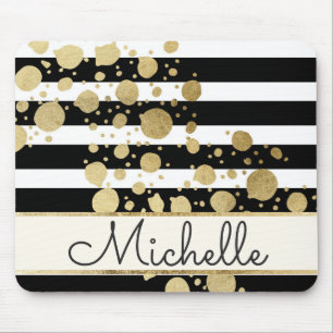 Gold-Farbspritzer Schwarz-Weiß-Streifen Monogramm Mousepad