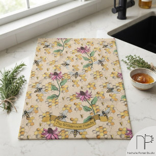 Gold Farmhouse Bee & Honeycomb Familienname Geschirrtuch