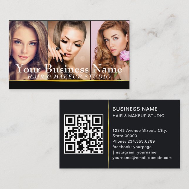 Gold Fashion Makeup Artist Foto zeigt QR Code Visitenkarte (Vorne/Hinten)