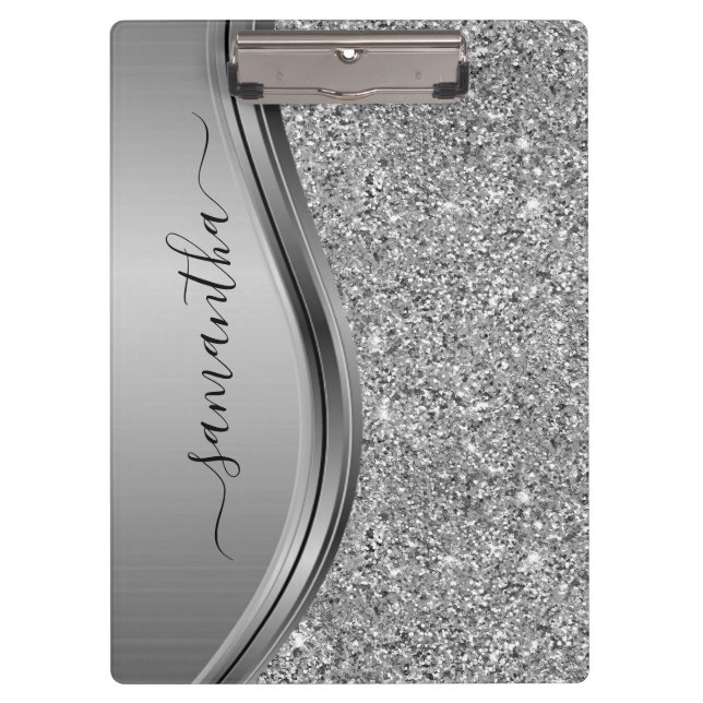 Gold Faux Glitter Handwritten Name Metal Monogram  Klemmbrett (Vorderseite)
