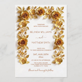 Gold Faux Relief Roses Frame Wedding Minimalist Einladung