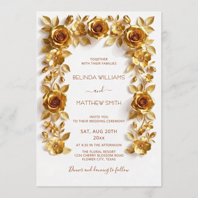 Gold Faux Relief Roses Frame Wedding Minimalist Einladung (Vorderseite)