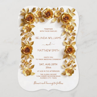 Gold Faux Relief Roses Frame Wedding Minimalist Einladung