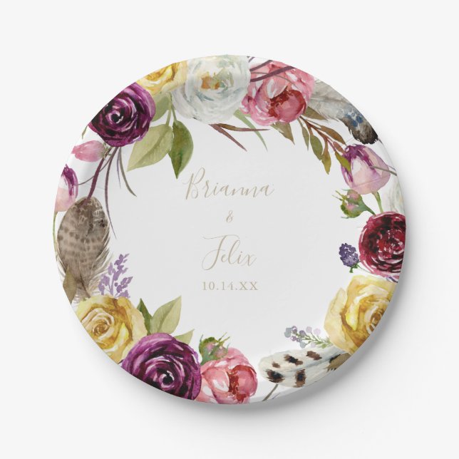Gold Feather Boho Tropical Floral Wedding Cake Pappteller (Vorderseite)