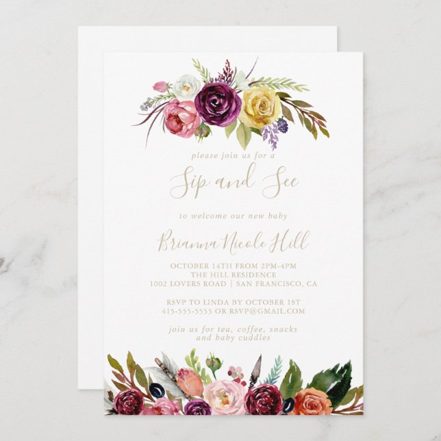 Gold Feather Boho Tropical Sip and See Einladung (Vorne/Hinten)