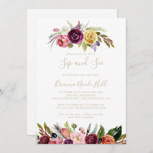 Gold Feather Boho Tropical Sip and See Einladung