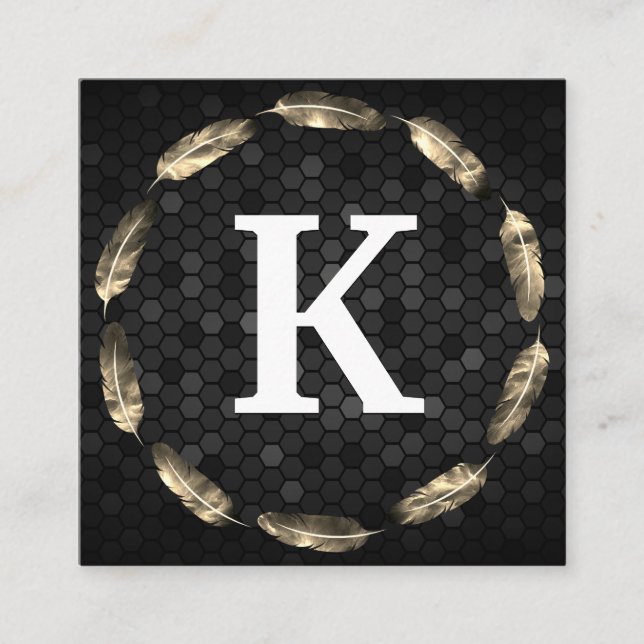 Gold Feather Circle | Geometrisches Muster | Monog Quadratische Visitenkarte (Vorderseite)