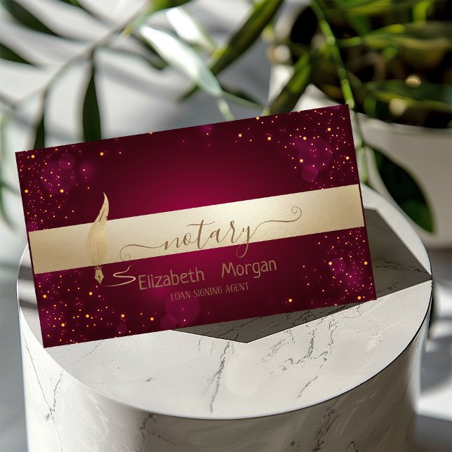 Gold Feather Dark Red Notary Signing Agent Visitenkarte (Von Creator hochgeladen)