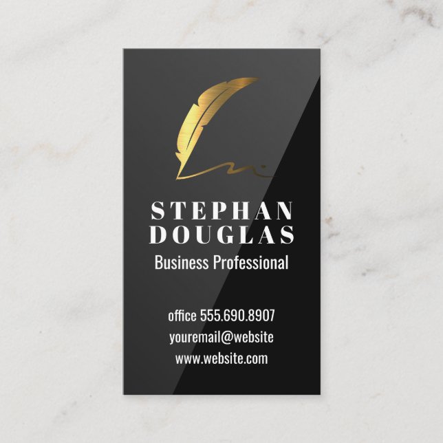 Gold Feather Pen Logo | Schwarzer Glanz Visitenkarte (Vorderseite)
